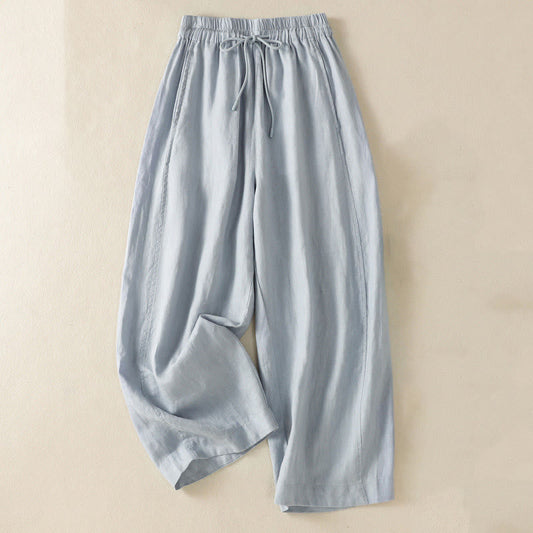 Buddha Stones Commute Plain Design Drawstring Cotton Linen Women's Wide Leg Pants With Pockets