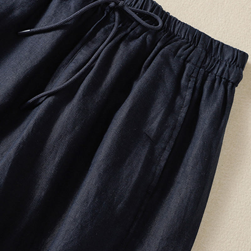 Buddha Stones Commute Plain Design Drawstring Cotton Linen Women's Wide Leg Pants With Pockets