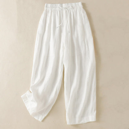 Buddha Stones Commute Plain Design Drawstring Cotton Linen Women's Wide Leg Pants With Pockets