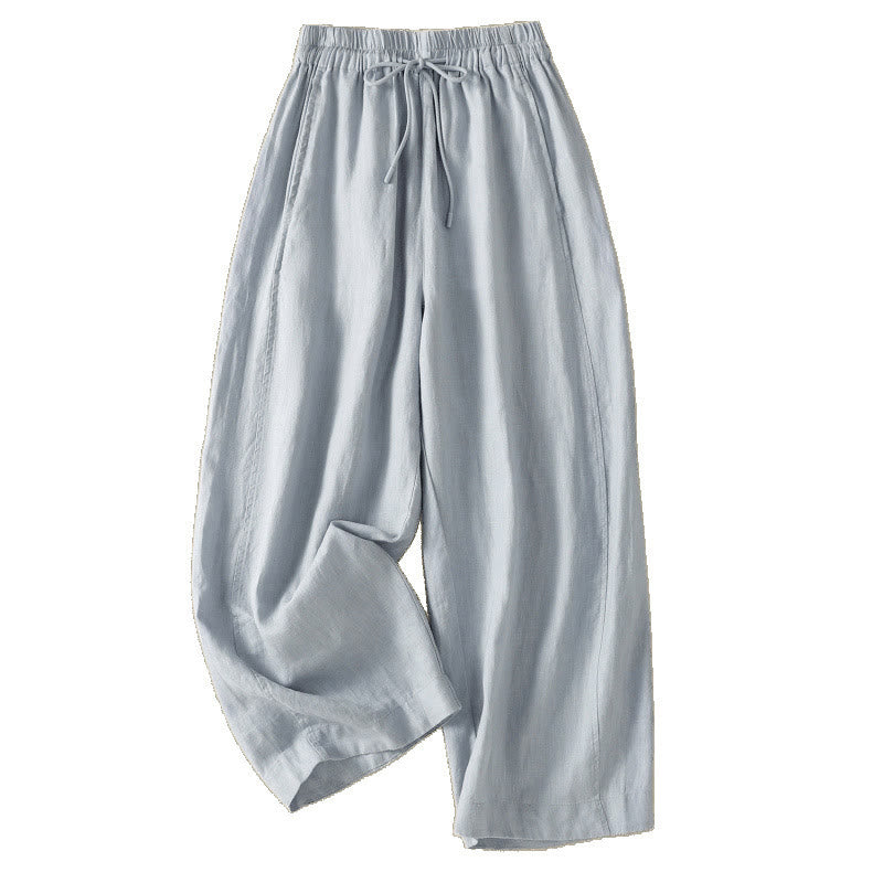 Buddha Stones Commute Plain Design Drawstring Cotton Linen Women's Wide Leg Pants With Pockets