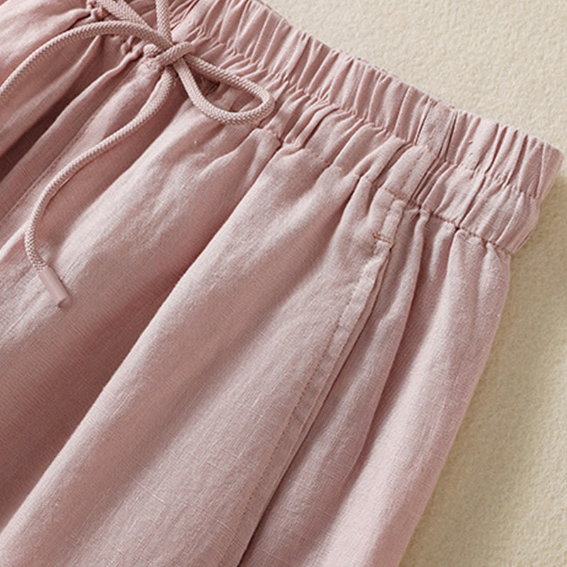 Buddha Stones Commute Plain Design Drawstring Cotton Linen Women's Wide Leg Pants With Pockets