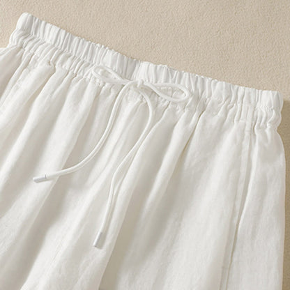 Buddha Stones Commute Plain Design Drawstring Cotton Linen Women's Wide Leg Pants With Pockets