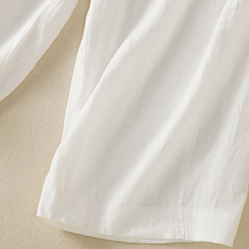 Buddha Stones Commute Plain Design Drawstring Cotton Linen Women's Wide Leg Pants With Pockets