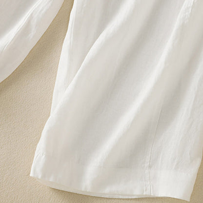 Buddha Stones Commute Plain Design Drawstring Cotton Linen Women's Wide Leg Pants With Pockets