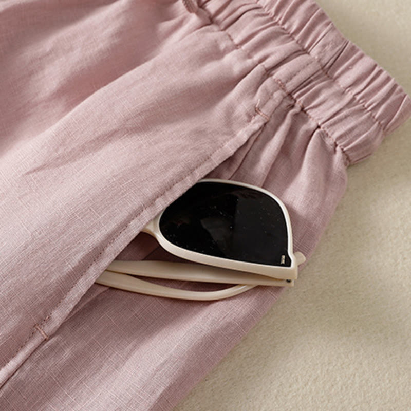Buddha Stones Commute Plain Design Drawstring Cotton Linen Women's Wide Leg Pants With Pockets