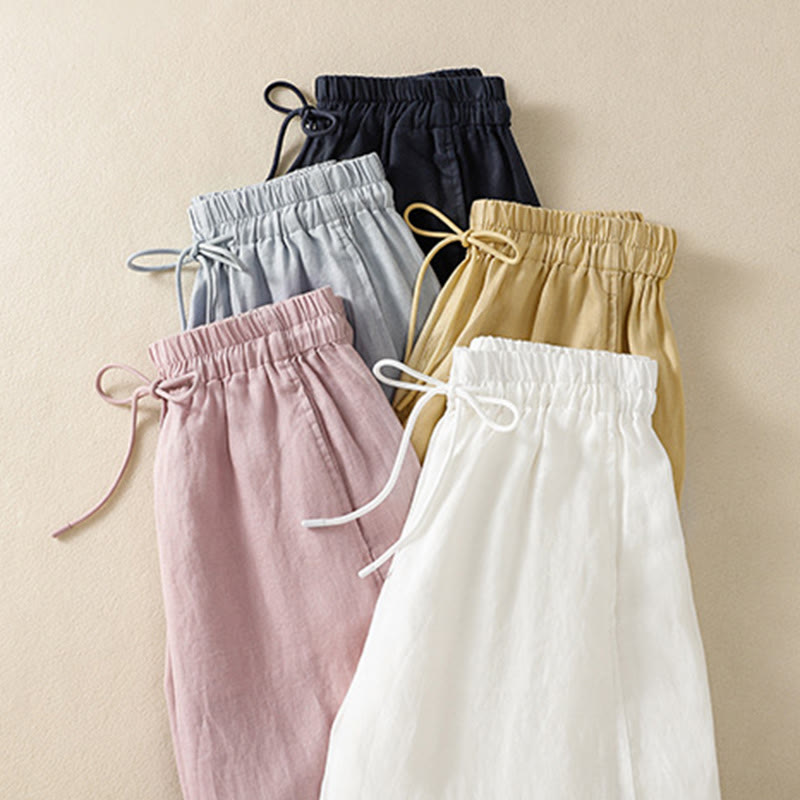 Buddha Stones Commute Plain Design Drawstring Cotton Linen Women's Wide Leg Pants With Pockets