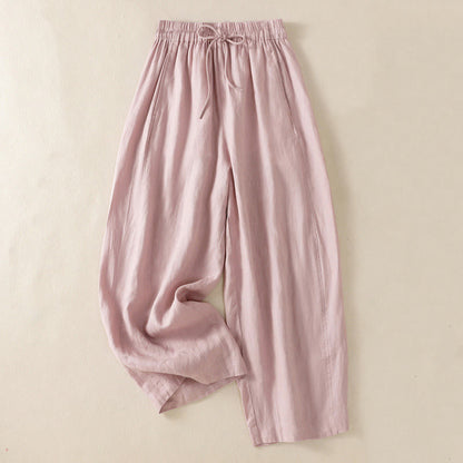 Buddha Stones Commute Plain Design Drawstring Cotton Linen Women's Wide Leg Pants With Pockets
