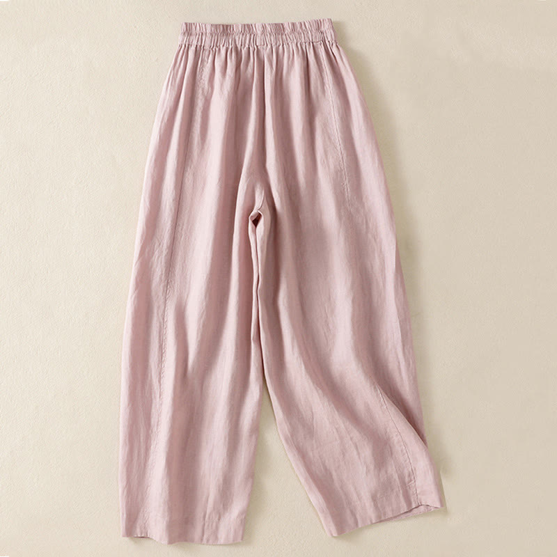 Buddha Stones Commute Plain Design Drawstring Cotton Linen Women's Wide Leg Pants With Pockets