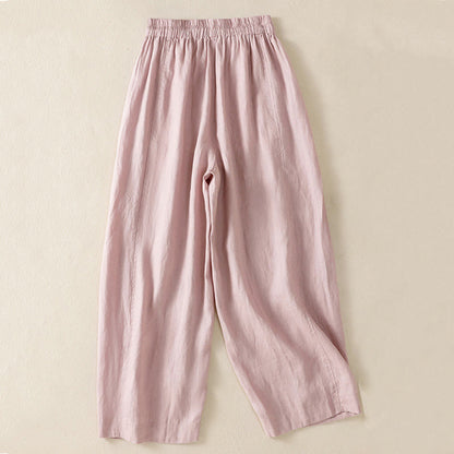 Buddha Stones Commute Plain Design Drawstring Cotton Linen Women's Wide Leg Pants With Pockets