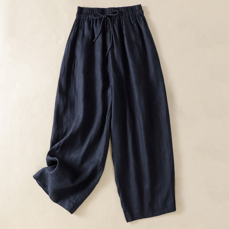 Buddha Stones Commute Plain Design Drawstring Cotton Linen Women's Wide Leg Pants With Pockets