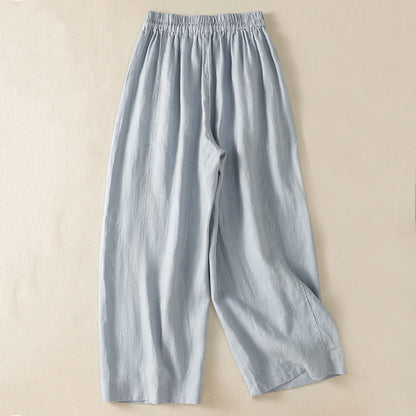 Buddha Stones Commute Plain Design Drawstring Cotton Linen Women's Wide Leg Pants With Pockets
