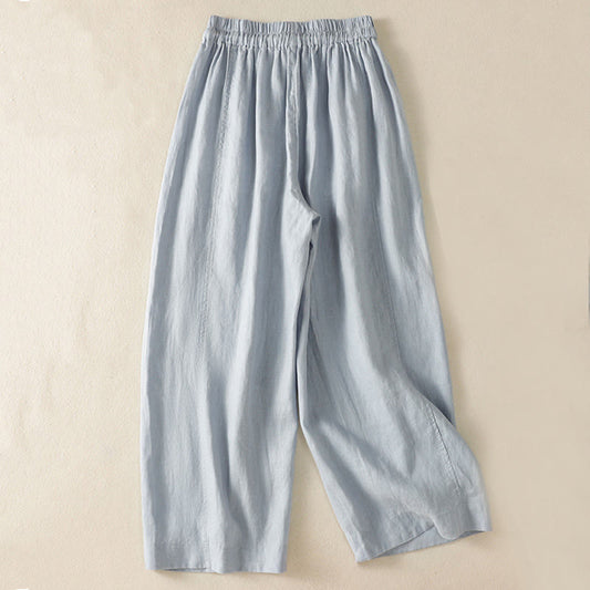 Buddha Stones Commute Plain Design Drawstring Cotton Linen Women's Wide Leg Pants With Pockets