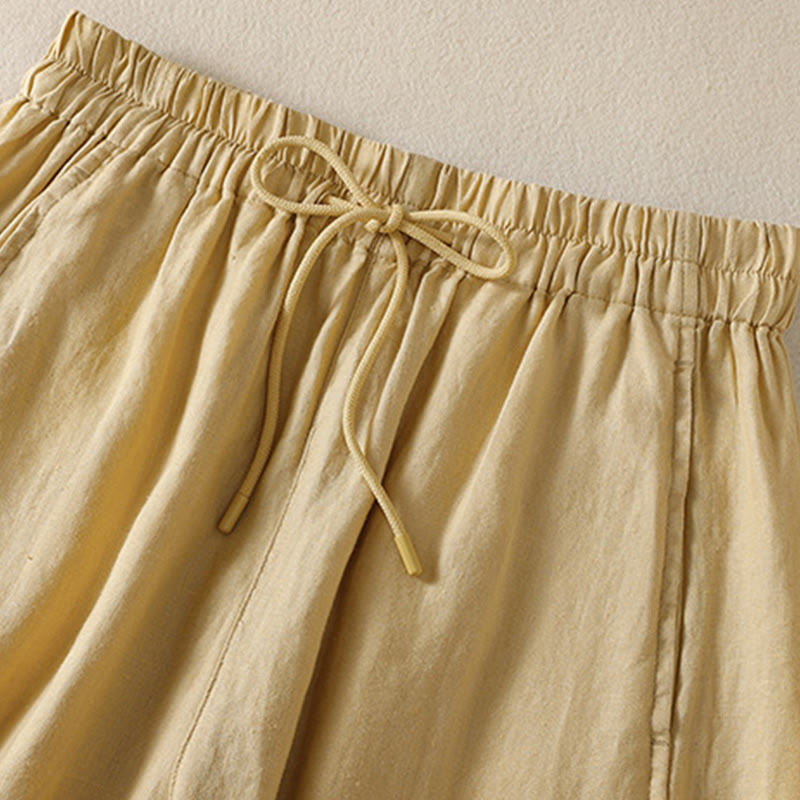 Buddha Stones Commute Plain Design Drawstring Cotton Linen Women's Wide Leg Pants With Pockets