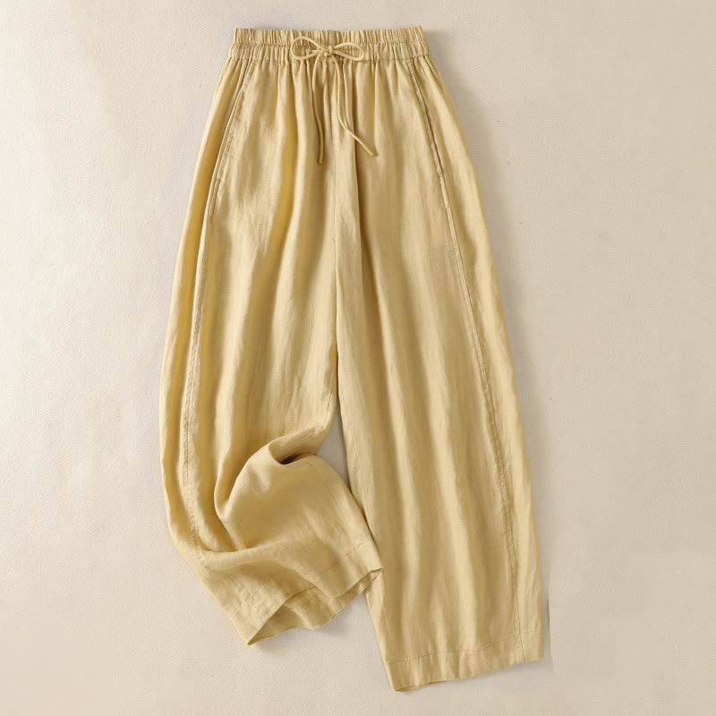 Buddha Stones Commute Plain Design Drawstring Cotton Linen Women's Wide Leg Pants With Pockets