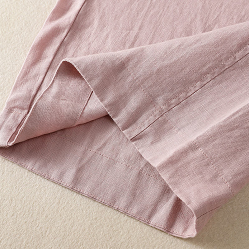 Buddha Stones Commute Plain Design Drawstring Cotton Linen Women's Wide Leg Pants With Pockets