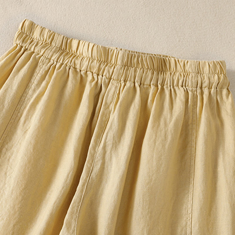 Buddha Stones Commute Plain Design Drawstring Cotton Linen Women's Wide Leg Pants With Pockets