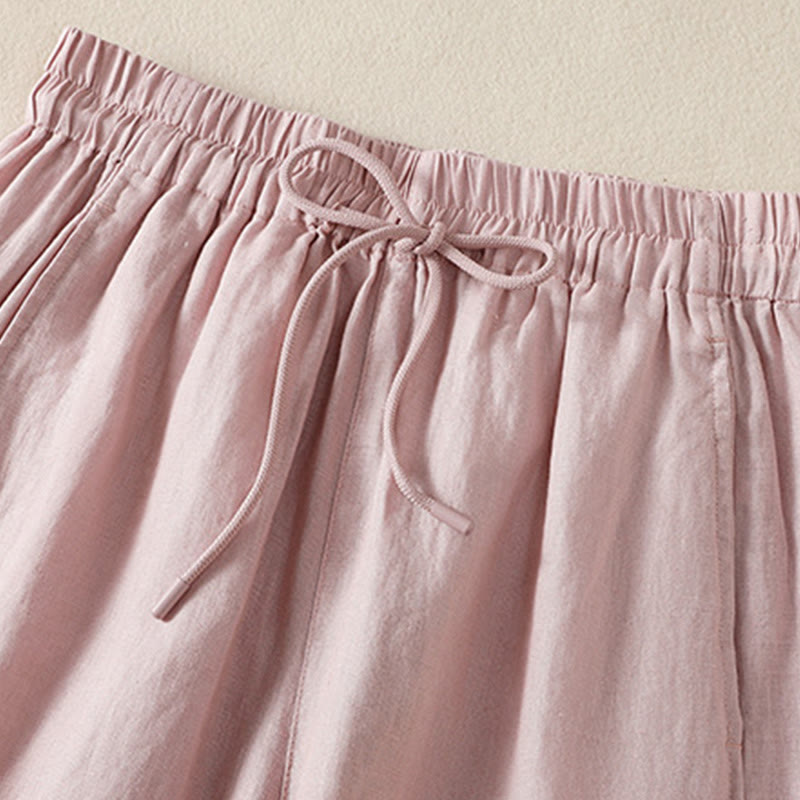 Buddha Stones Commute Plain Design Drawstring Cotton Linen Women's Wide Leg Pants With Pockets