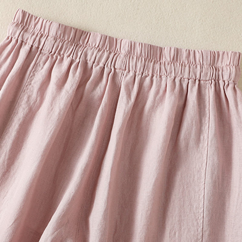 Buddha Stones Commute Plain Design Drawstring Cotton Linen Women's Wide Leg Pants With Pockets