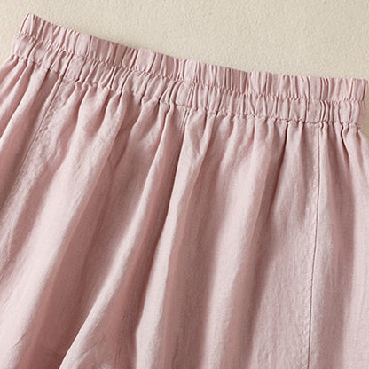 Buddha Stones Commute Plain Design Drawstring Cotton Linen Women's Wide Leg Pants With Pockets