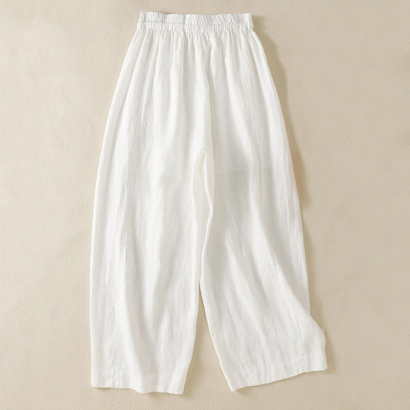 Buddha Stones Commute Plain Design Drawstring Cotton Linen Women's Wide Leg Pants With Pockets