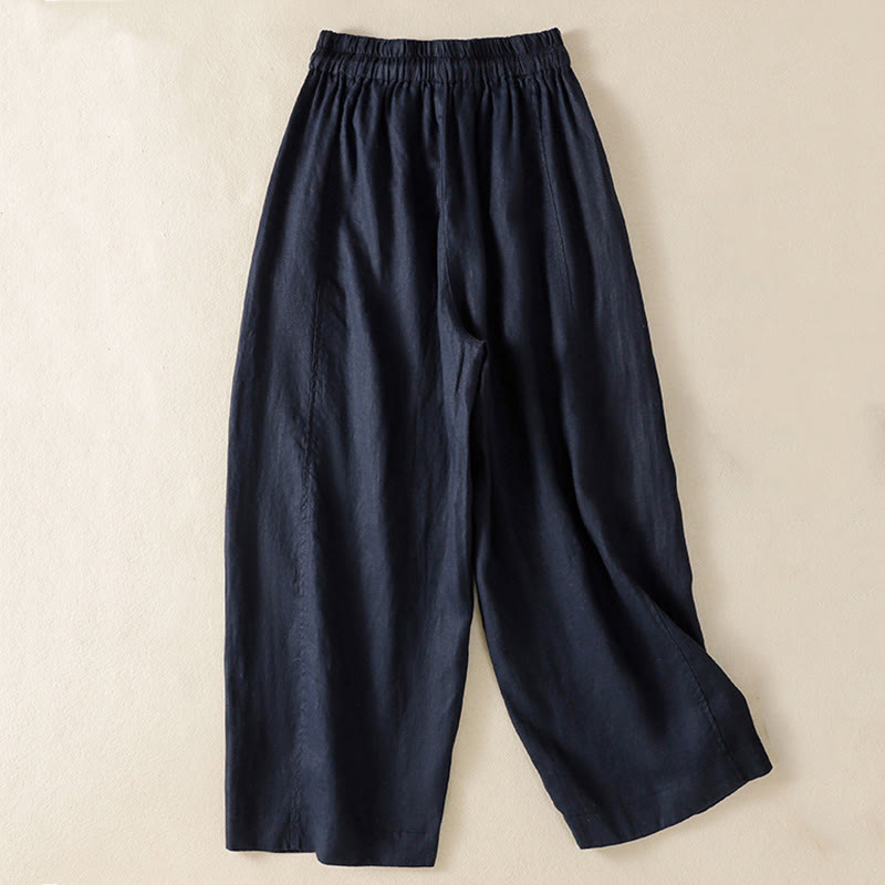 Buddha Stones Commute Plain Design Drawstring Cotton Linen Women's Wide Leg Pants With Pockets