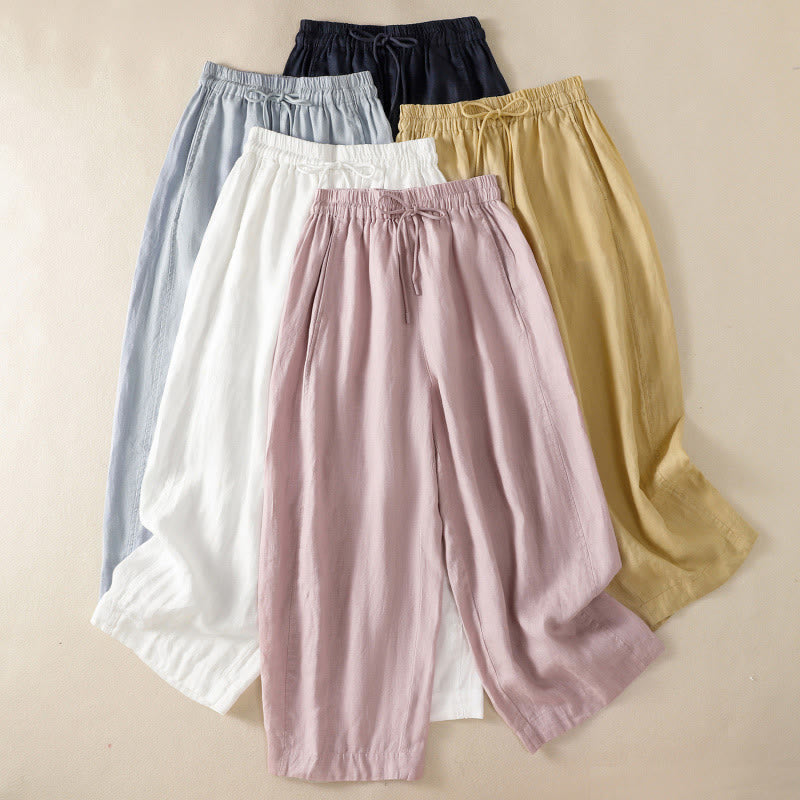 Buddha Stones Commute Plain Design Drawstring Cotton Linen Women's Wide Leg Pants With Pockets