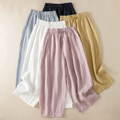 Buddha Stones Commute Plain Design Drawstring Cotton Linen Women's Wide Leg Pants With Pockets