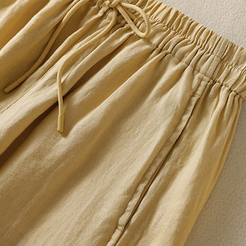 Buddha Stones Commute Plain Design Drawstring Cotton Linen Women's Wide Leg Pants With Pockets