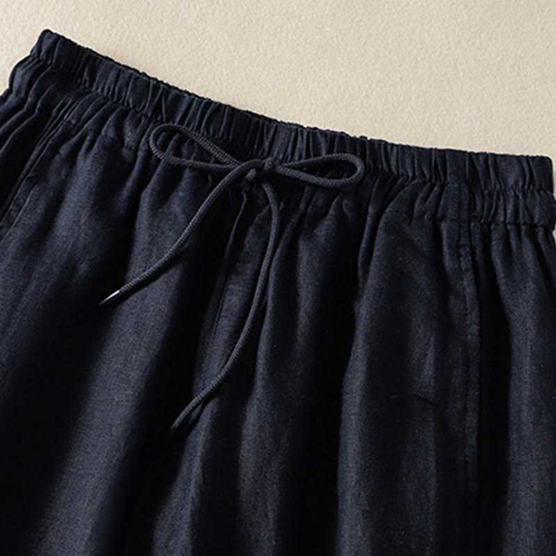 Buddha Stones Commute Plain Design Drawstring Cotton Linen Women's Wide Leg Pants With Pockets