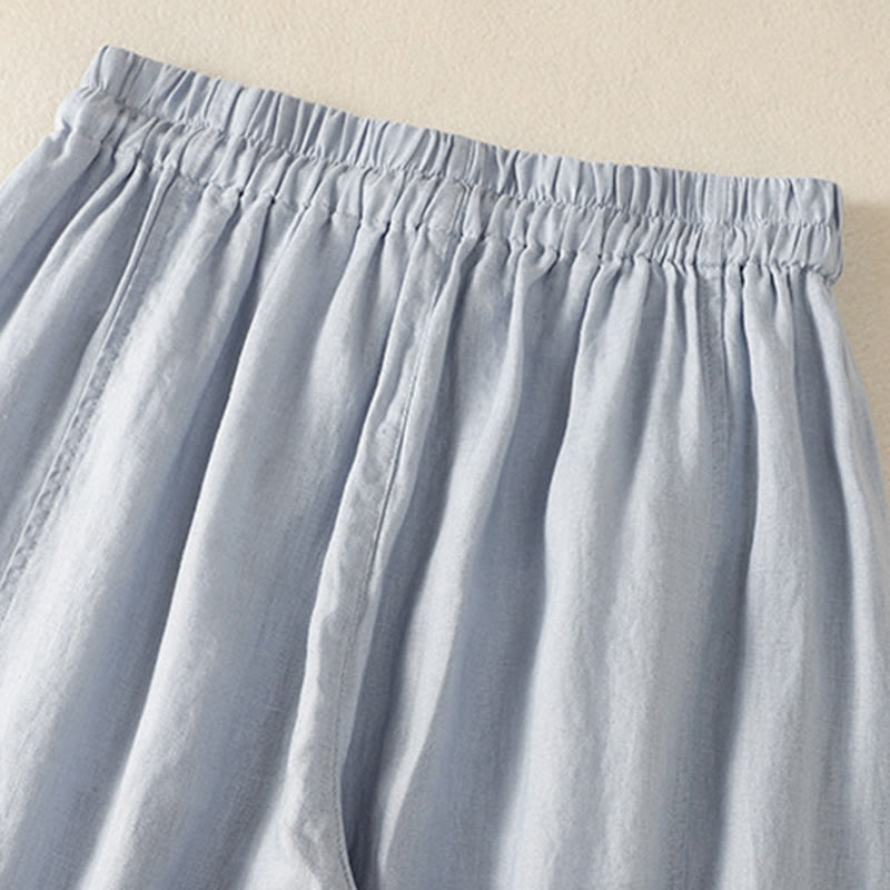 Buddha Stones Commute Plain Design Drawstring Cotton Linen Women's Wide Leg Pants With Pockets