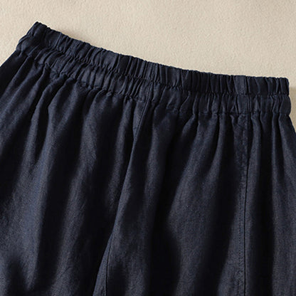 Buddha Stones Commute Plain Design Drawstring Cotton Linen Women's Wide Leg Pants With Pockets