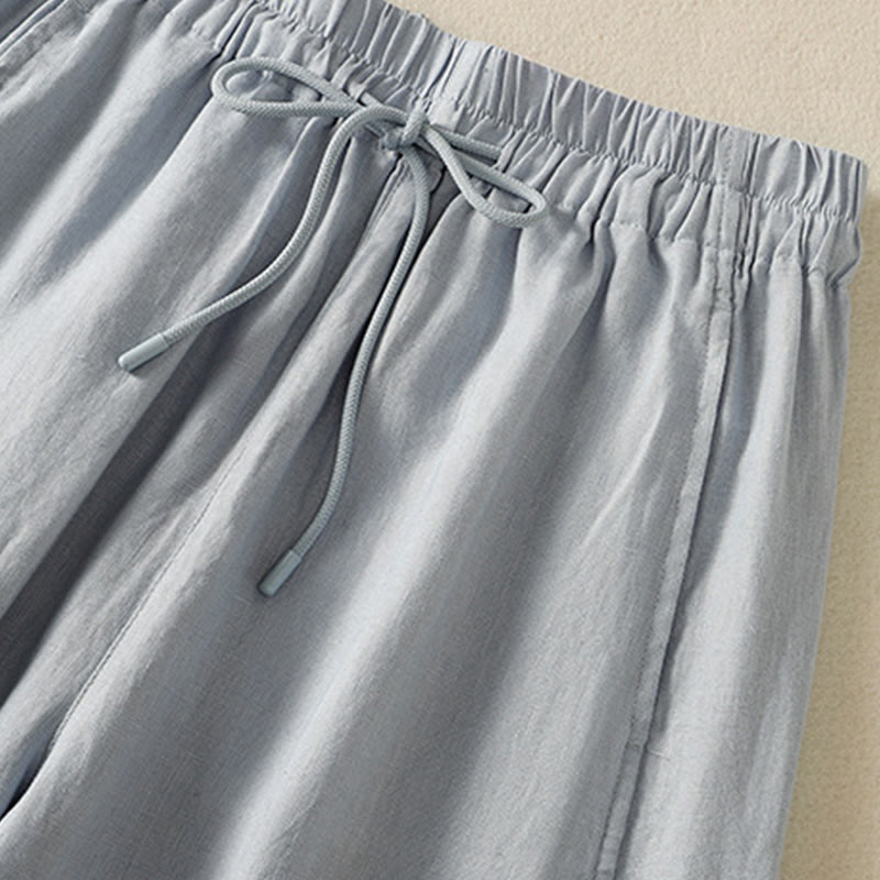 Buddha Stones Commute Plain Design Drawstring Cotton Linen Women's Wide Leg Pants With Pockets