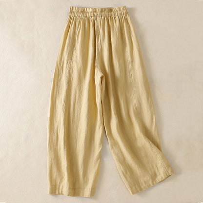 Buddha Stones Commute Plain Design Drawstring Cotton Linen Women's Wide Leg Pants With Pockets