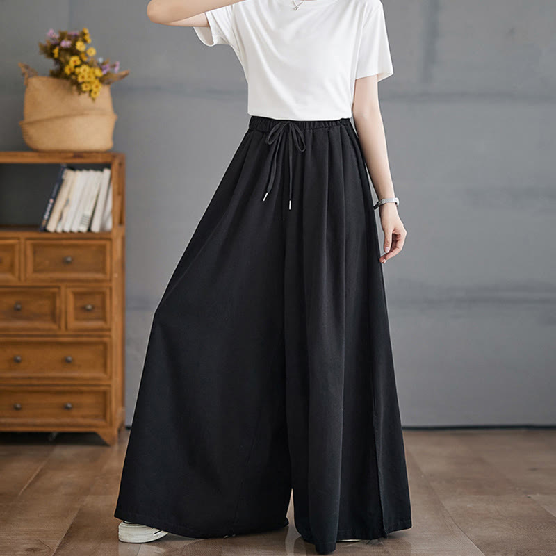 Buddha Stones Retro Leg Opening Slit Design Cotton Women's Wide Leg Pants With Pockets