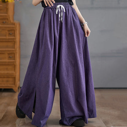 Buddha Stones Retro Leg Opening Slit Design Cotton Women's Wide Leg Pants With Pockets