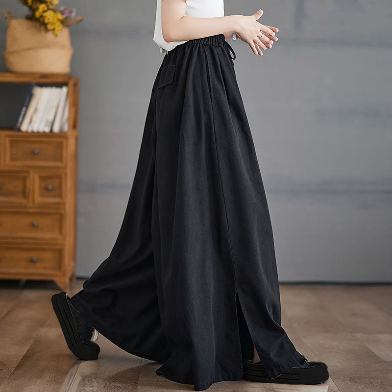 Buddha Stones Retro Leg Opening Slit Design Cotton Women's Wide Leg Pants With Pockets