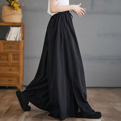 Buddha Stones Retro Leg Opening Slit Design Cotton Women's Wide Leg Pants With Pockets