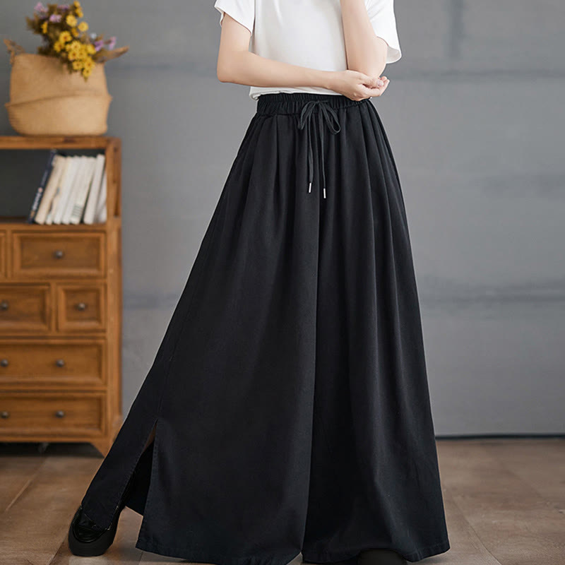 Buddha Stones Retro Leg Opening Slit Design Cotton Women's Wide Leg Pants With Pockets
