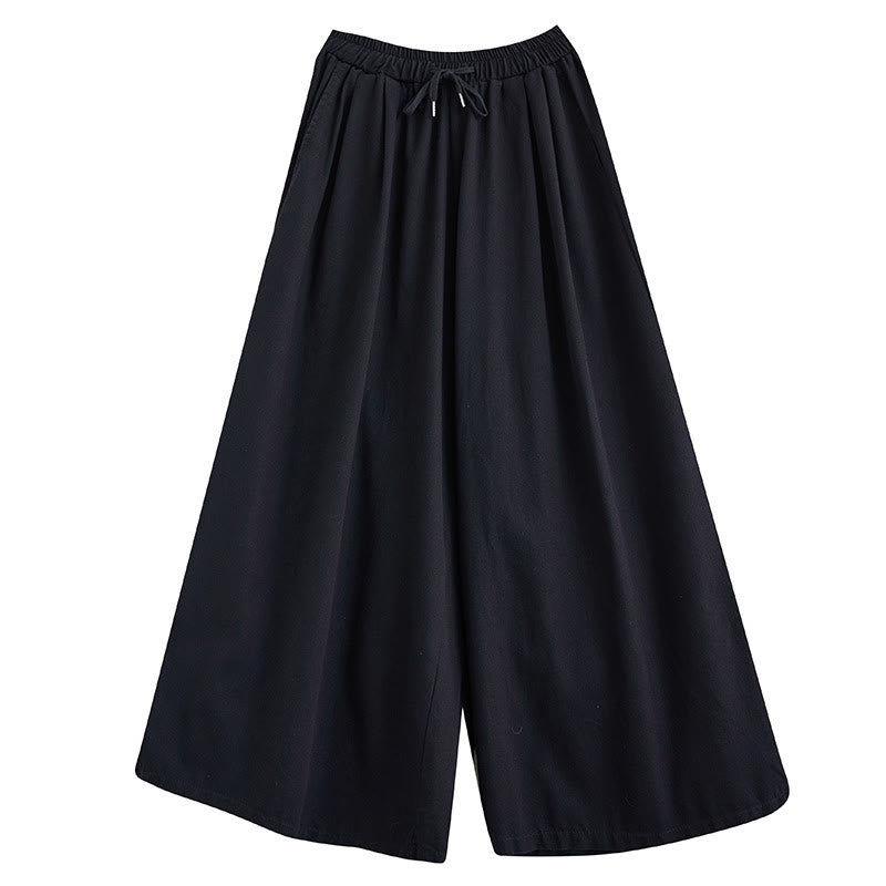 Buddha Stones Retro Leg Opening Slit Design Cotton Women's Wide Leg Pants With Pockets