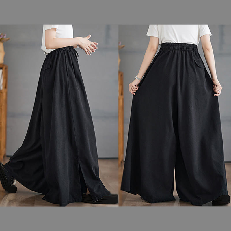 Buddha Stones Retro Leg Opening Slit Design Cotton Women's Wide Leg Pants With Pockets