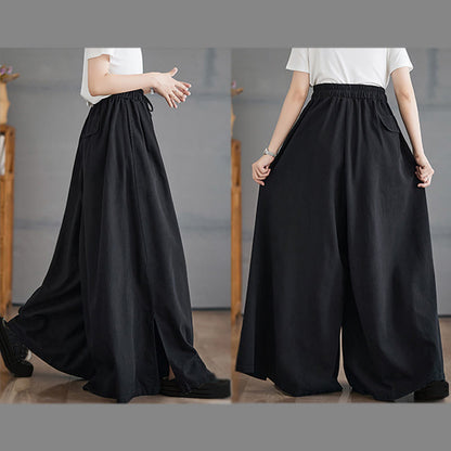 Buddha Stones Retro Leg Opening Slit Design Cotton Women's Wide Leg Pants With Pockets