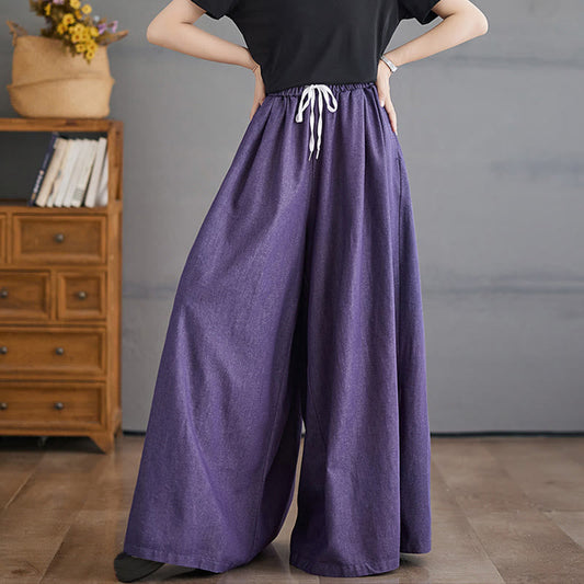 Buddha Stones Retro Leg Opening Slit Design Cotton Women's Wide Leg Pants With Pockets