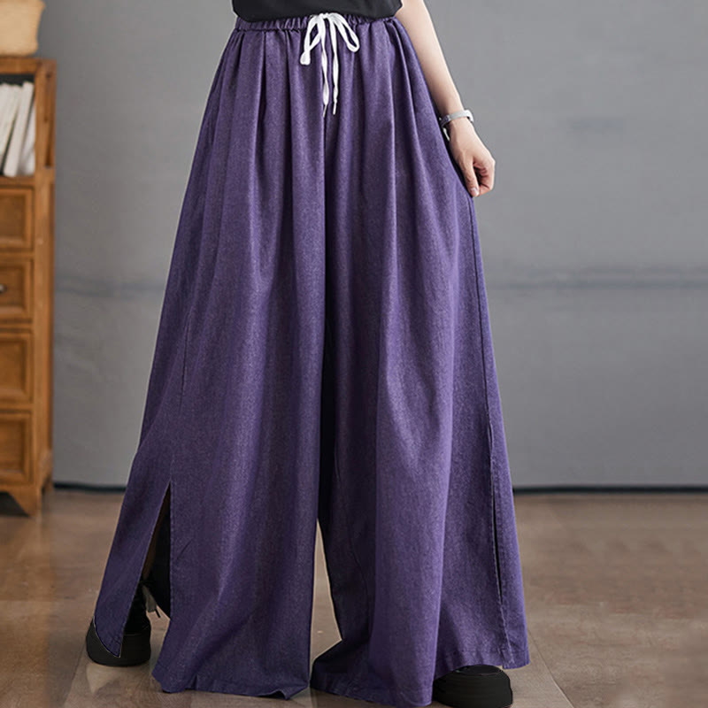 Buddha Stones Retro Leg Opening Slit Design Cotton Women's Wide Leg Pants With Pockets