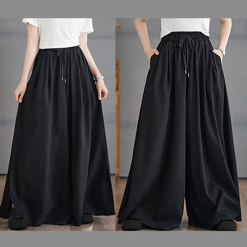 Buddha Stones Retro Leg Opening Slit Design Cotton Women's Wide Leg Pants With Pockets