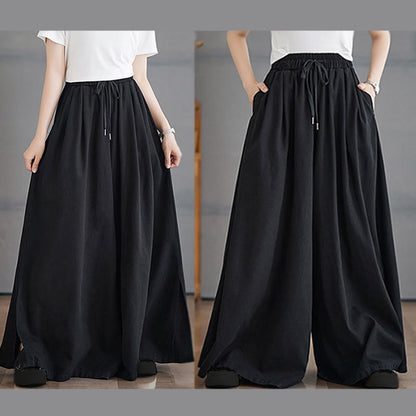 Buddha Stones Retro Leg Opening Slit Design Cotton Women's Wide Leg Pants With Pockets