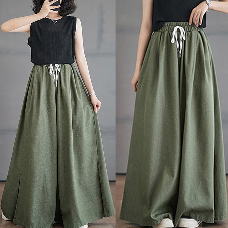 Buddha Stones Retro Leg Opening Slit Design Cotton Women's Wide Leg Pants With Pockets