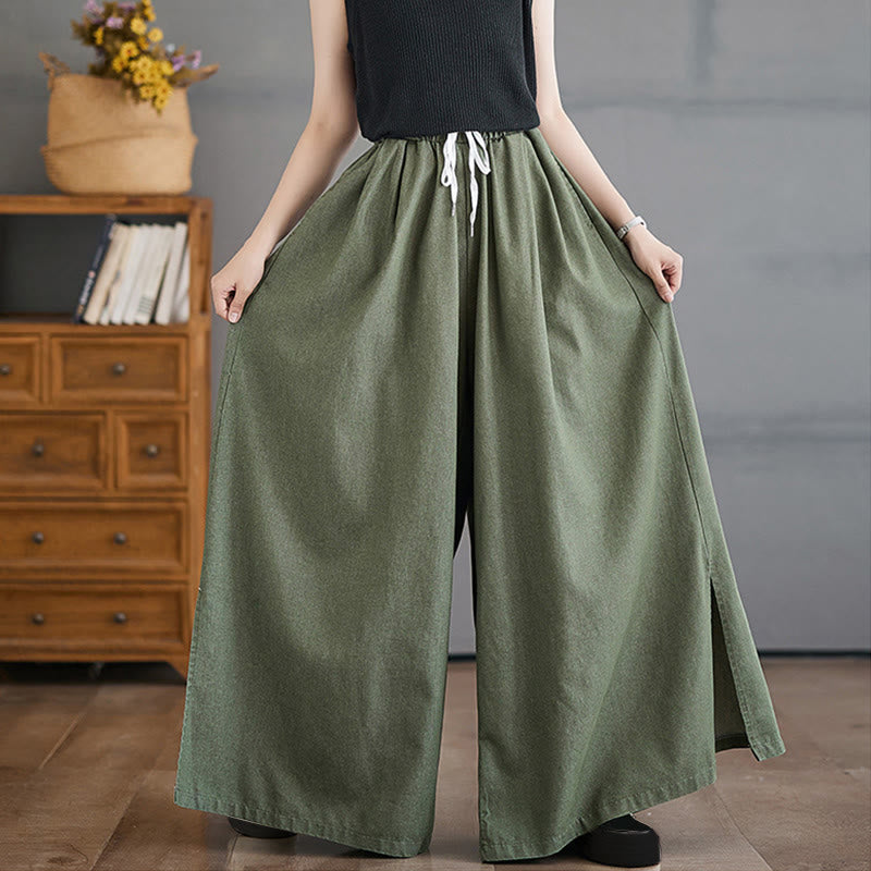 Buddha Stones Retro Leg Opening Slit Design Cotton Women's Wide Leg Pants With Pockets
