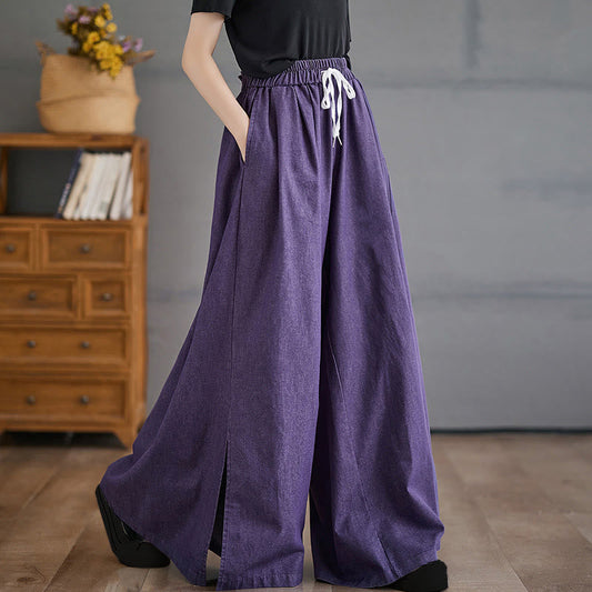 Buddha Stones Retro Leg Opening Slit Design Cotton Women's Wide Leg Pants With Pockets