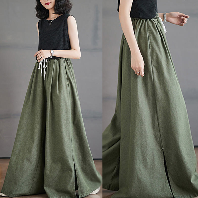 Buddha Stones Retro Leg Opening Slit Design Cotton Women's Wide Leg Pants With Pockets
