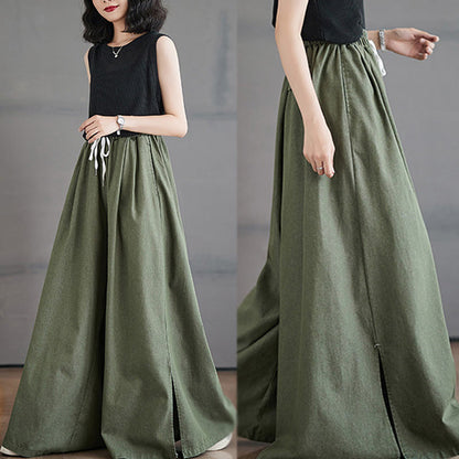 Buddha Stones Retro Leg Opening Slit Design Cotton Women's Wide Leg Pants With Pockets